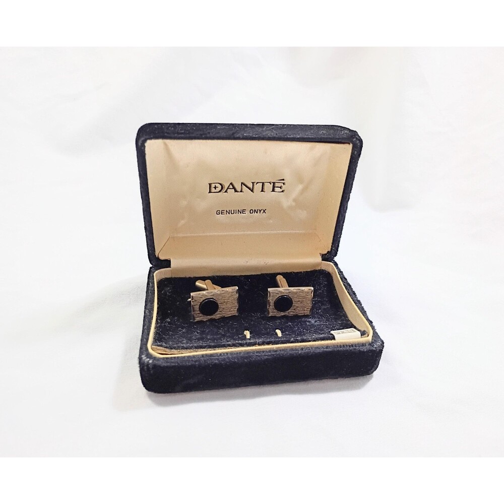 Vintage Dante Genuine Onyx Silver Toned Cuff Links with Original Box